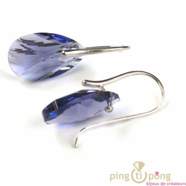 boucles d'oreilles en argent et Swarovski couleur violet tanzanite, forme goutte