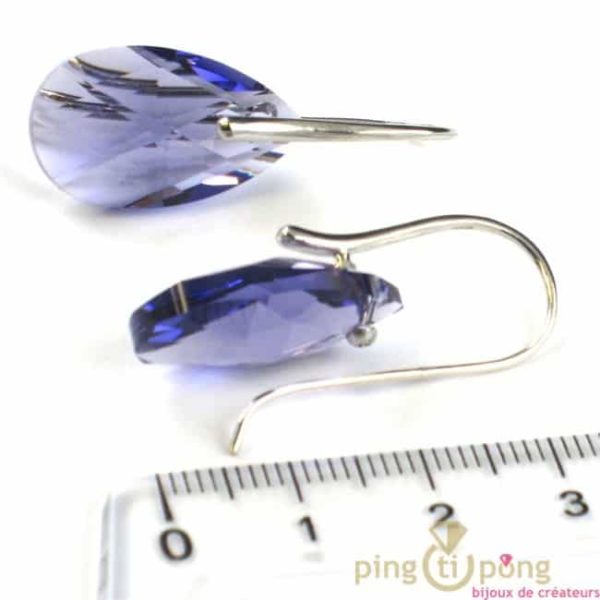 boucles d'oreilles en argent et Swarovski couleur violet tanzanite, forme goutte
