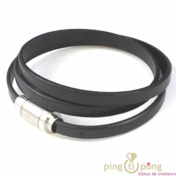 Men's fine black leather bracelet 3 turns of "La fleur de peau" (The flower of skin)