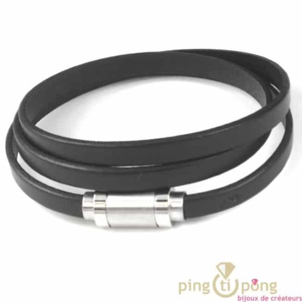 Men's fine black leather bracelet 3 turns of "La fleur de peau" (The flower of skin)