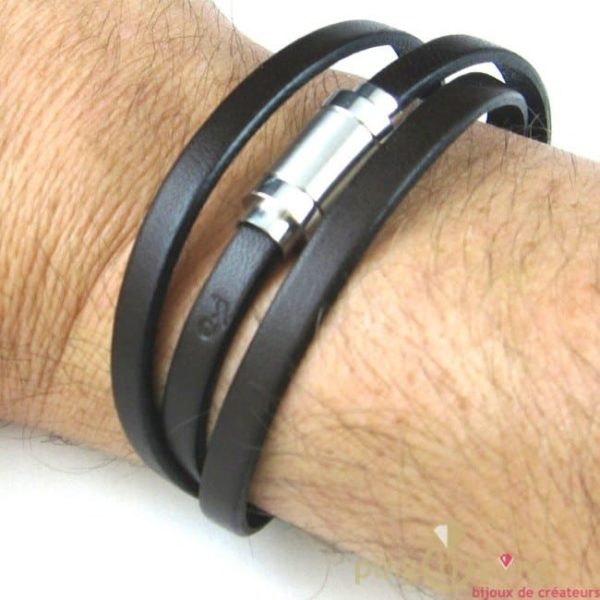 bracelet homme en cuir marron foncé 3 tours fin de La fleur de peau