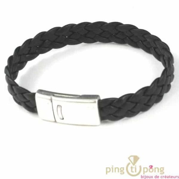 bracelet tressé noir en cuir et acier de La fleur de peau