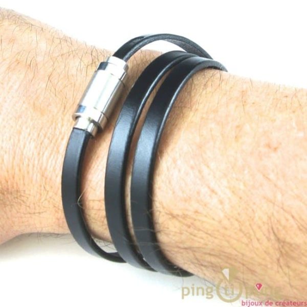 Fine black leather bracelet 3 turns of "La fleur de peau" (The flower of skin)