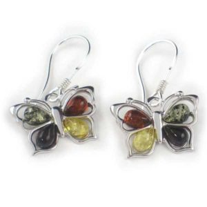 boucles d'oreilles papillon en argent et perles d'ambres jaune, orange, verte et grise de balticambre