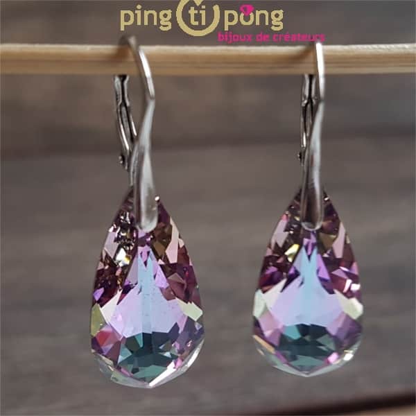 Boucles D'oreilles Dormeuses Rondes Halo Violet Avec Cristaux - Argent 925