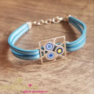 Bijou artisanal : Bracelet cuir motif vintage bleu PASTACUITA