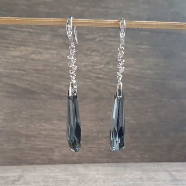 Original jewellery: Rhodium-plated silver earrings and grey Swarovski crystal stalactites from SPARK