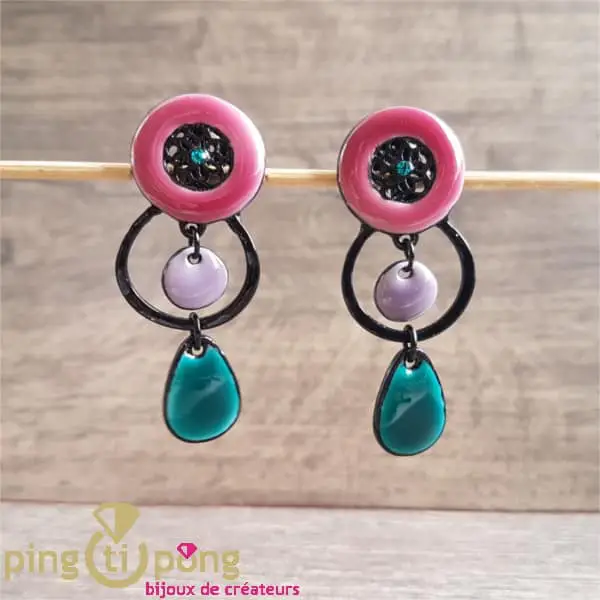 Bijoux originaux : Boucles à clips émail rose PINGTIPONG